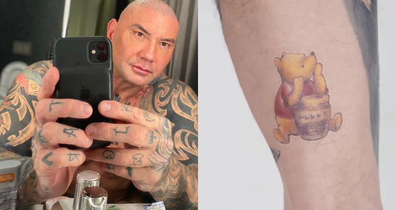 Winnie-the-Pooh tattoo on Dave Bautista’s lower leg, shown beside a portrait of the actor