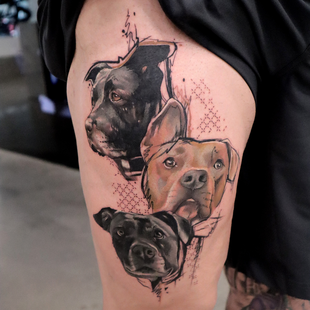 Portraits of Dave Bautista’s dogs tattooed on his thigh