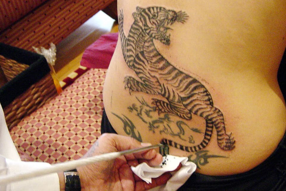 Close view of Angelina Jolie’s lower-back tiger tattoo