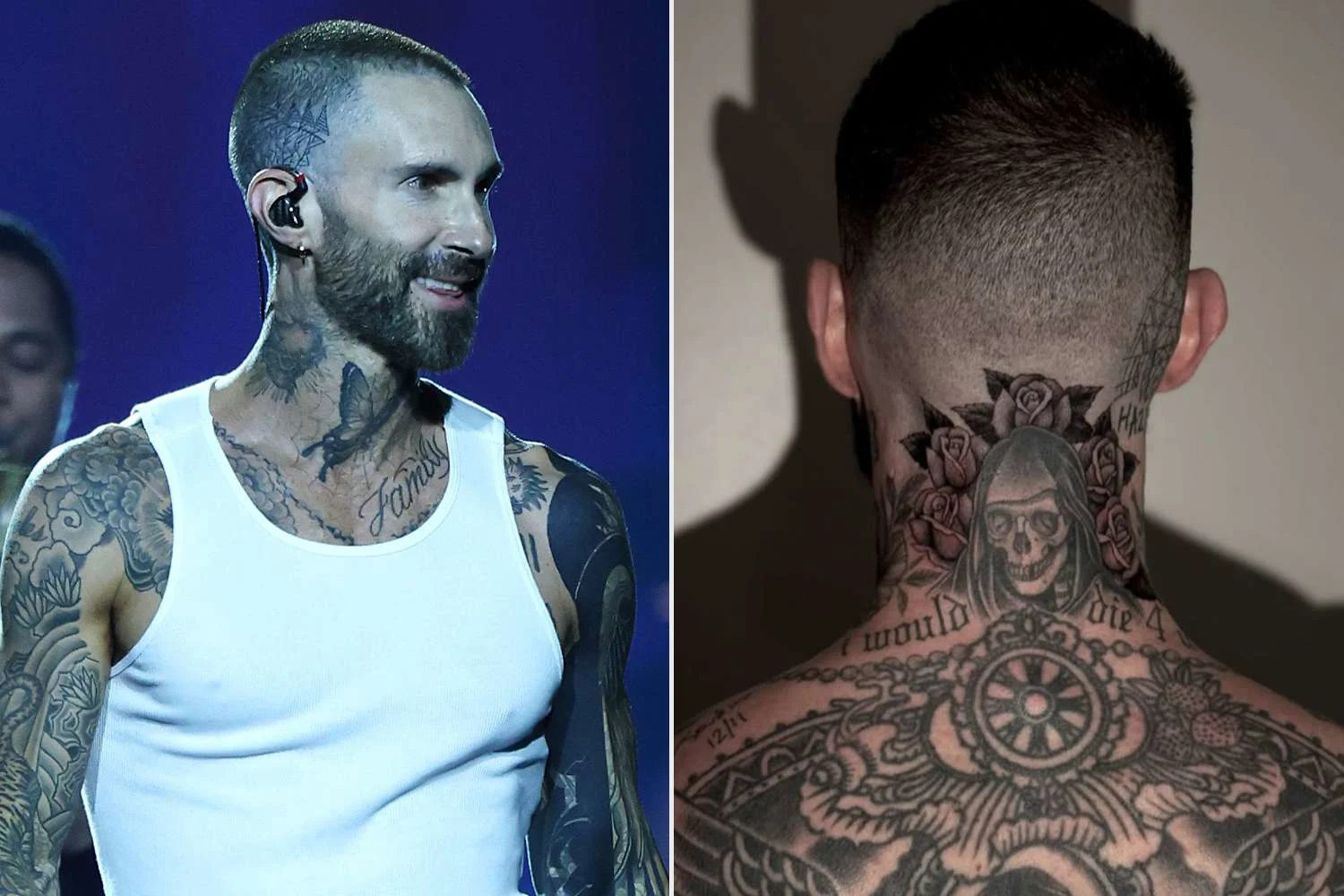 Adam Levine's 2025 black roses framing the existing reaper tattoo on his head and neck