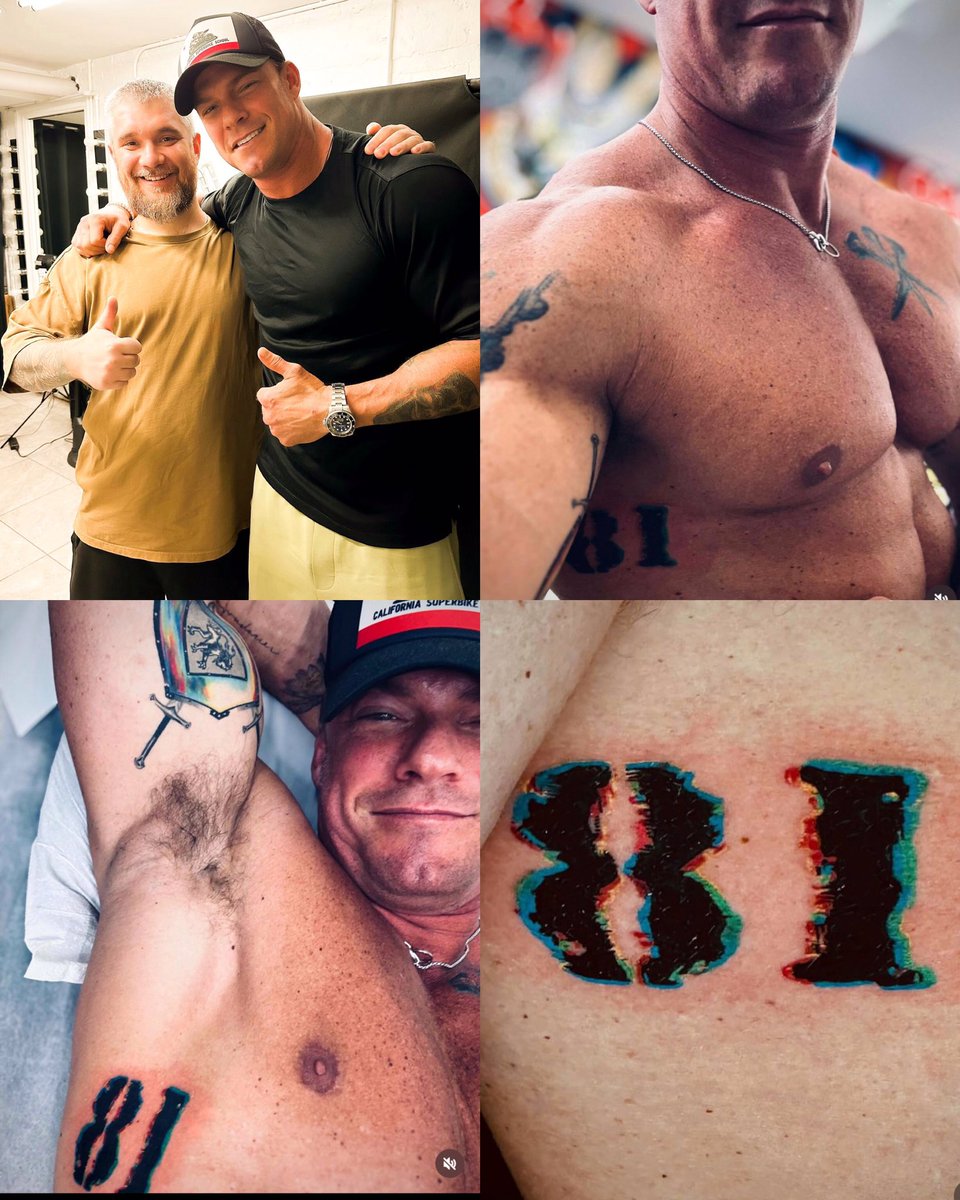 A multi-panel view of Alan Ritchson’s tattoo work, including the 81 numerals and arm designs.