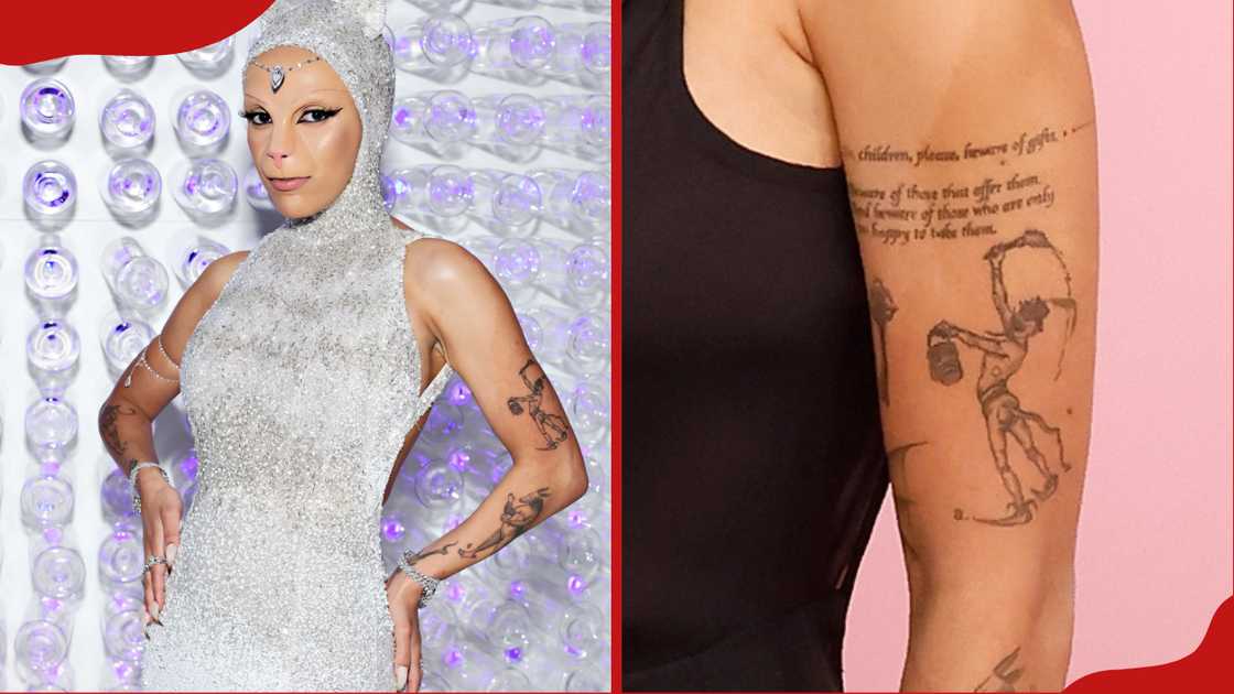 Doja Cat tattoos: clear view of Doja Cat’s illustrated monster and cautionary arm quote