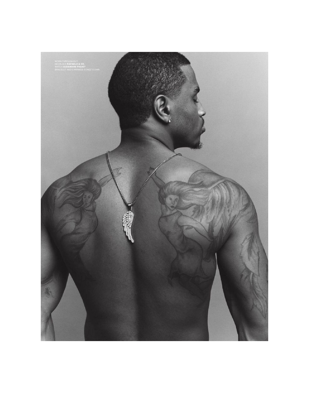 Trey Songz tattoos: Separate studio photograph showing the full angel back composition