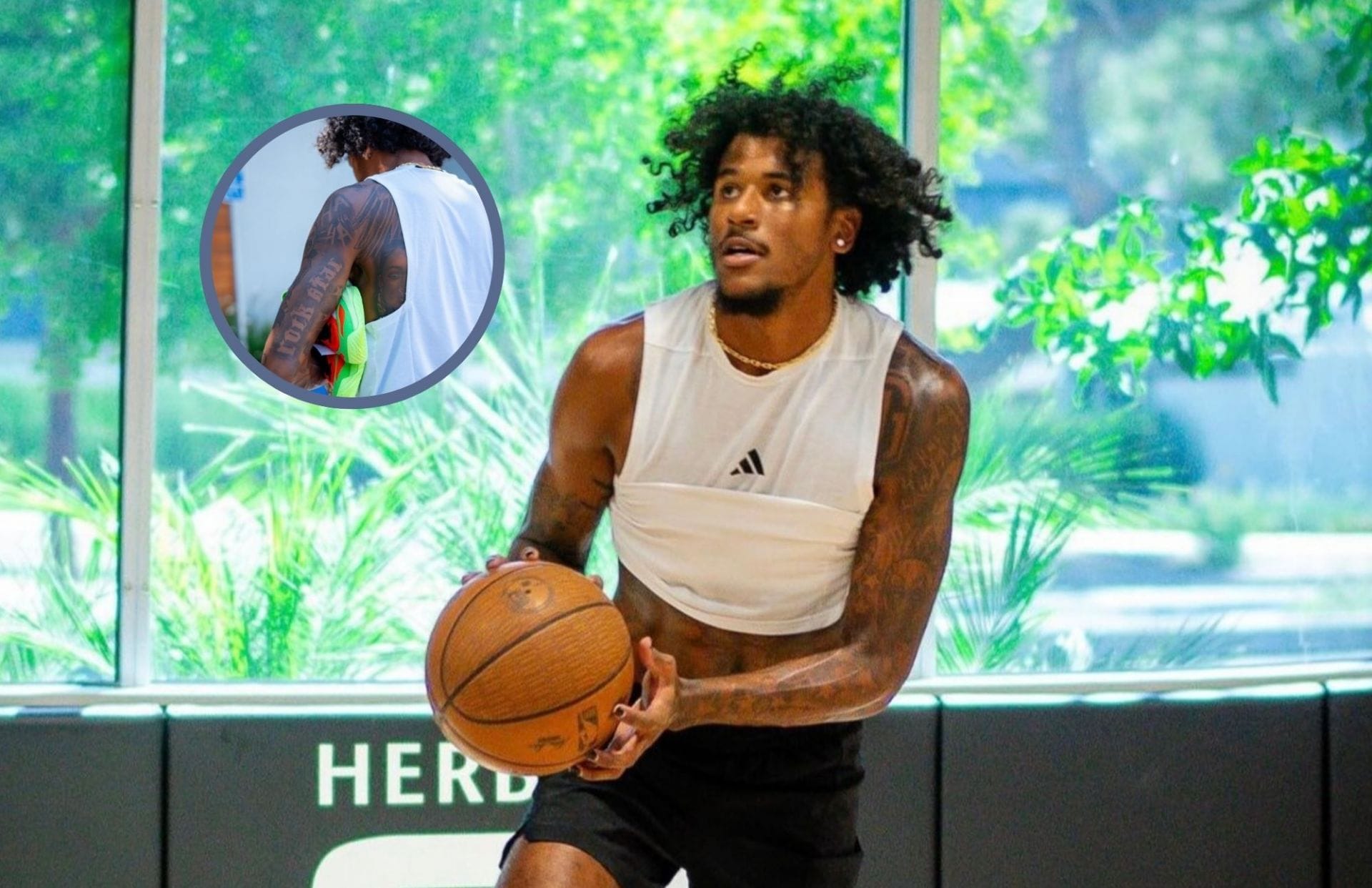 Jalen Green tattoos: large indoor photograph showing the shoulder portrait and surrounding upper-body ink