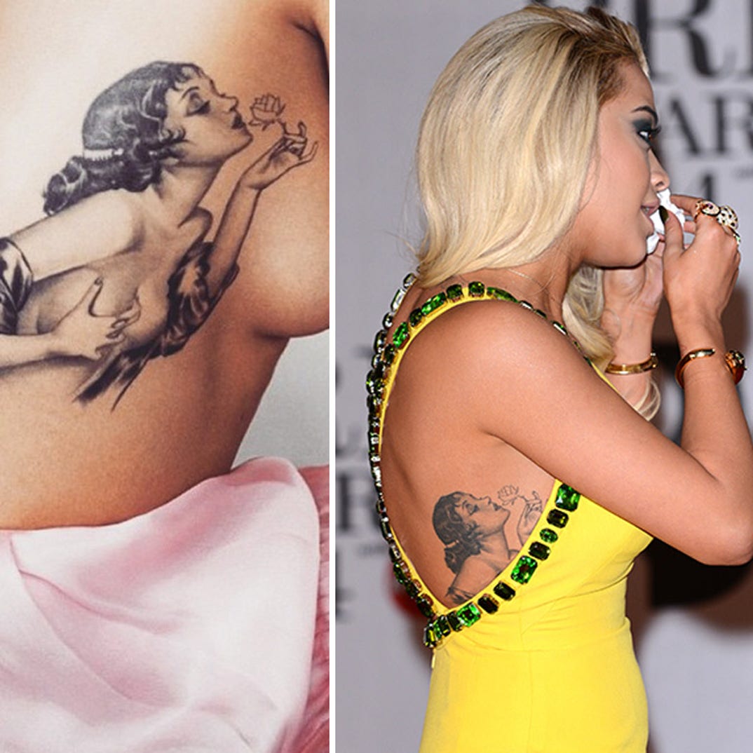 Rita Ora tattoos: profile photograph showing the large woman-and-rose rib tattoo