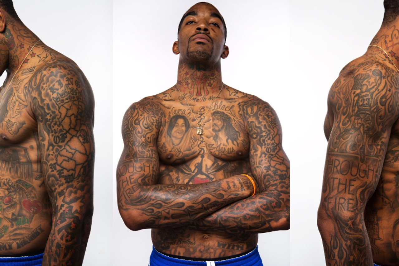 J.R. Smith tattoos: large studio view of the chest lettering, portraits and upper-arm work