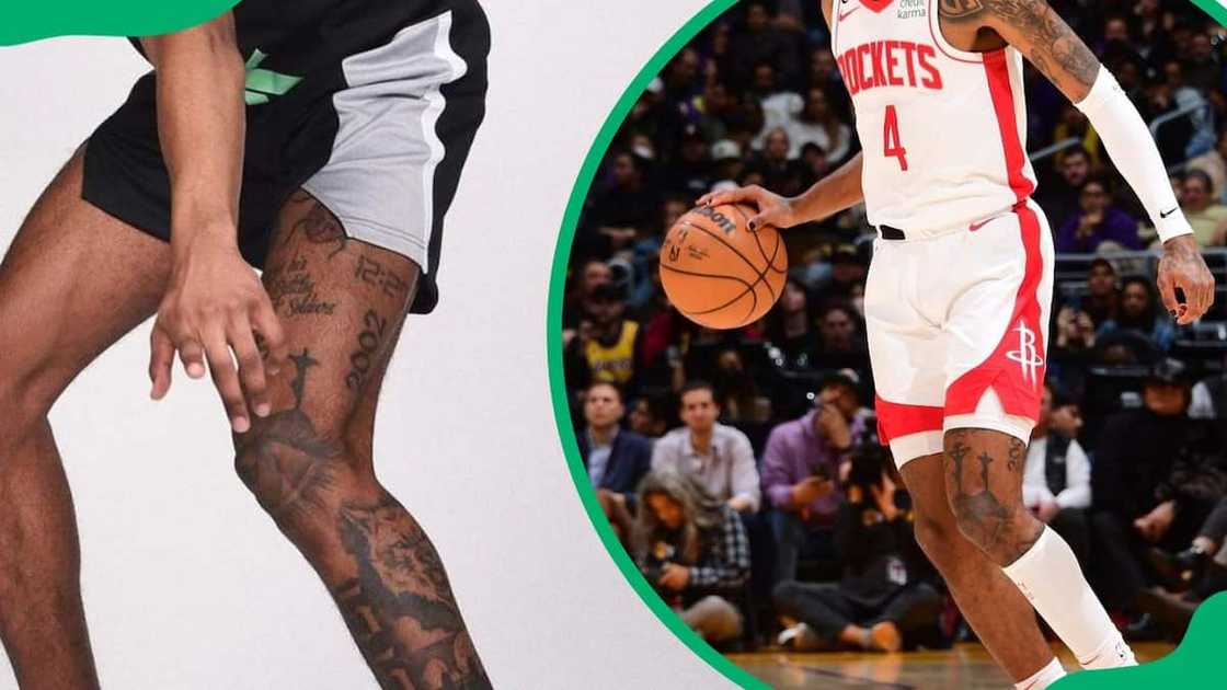 Jalen Green tattoos: high-resolution action photograph showing the thigh date, crosses and wolf portrait