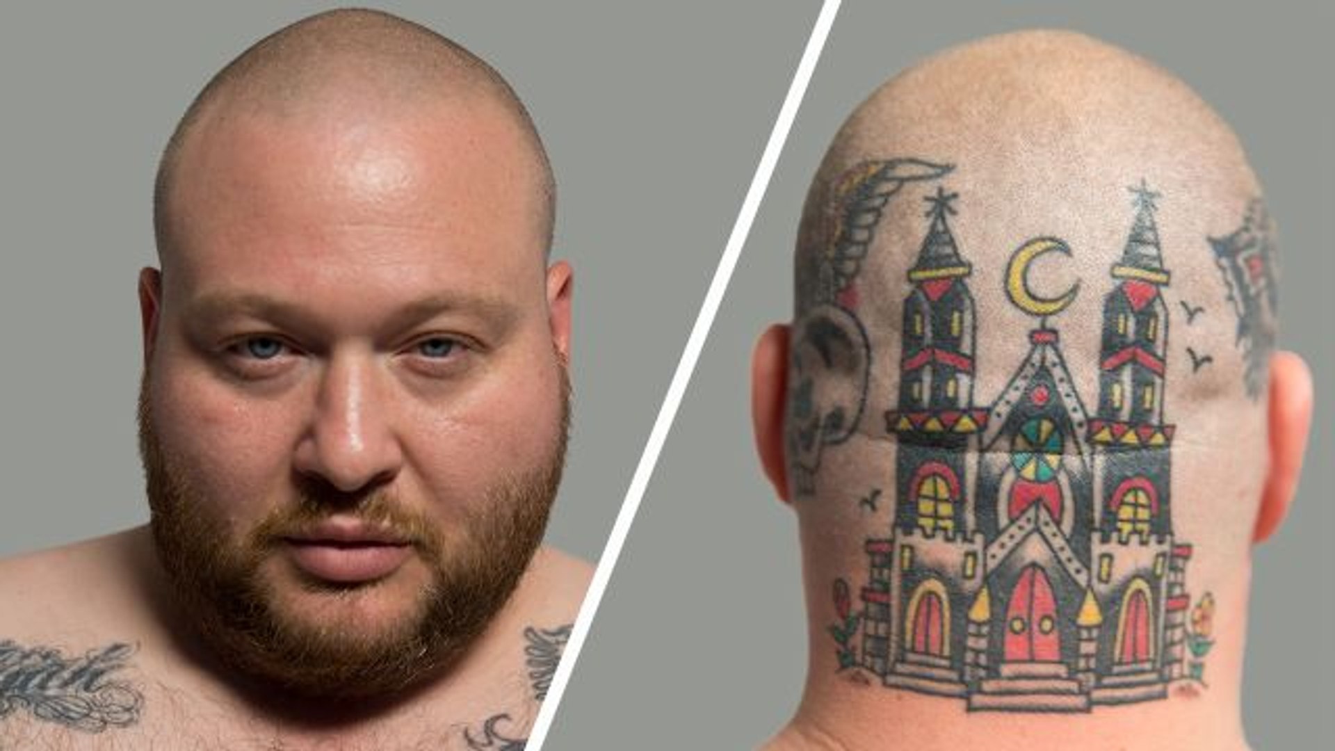Action Bronson tattoos: chest and stomach tattoo group