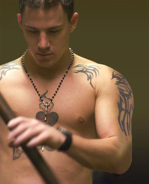 Channing Tatum tattoos: Tribal shoulder, arm and chest tattoo layout