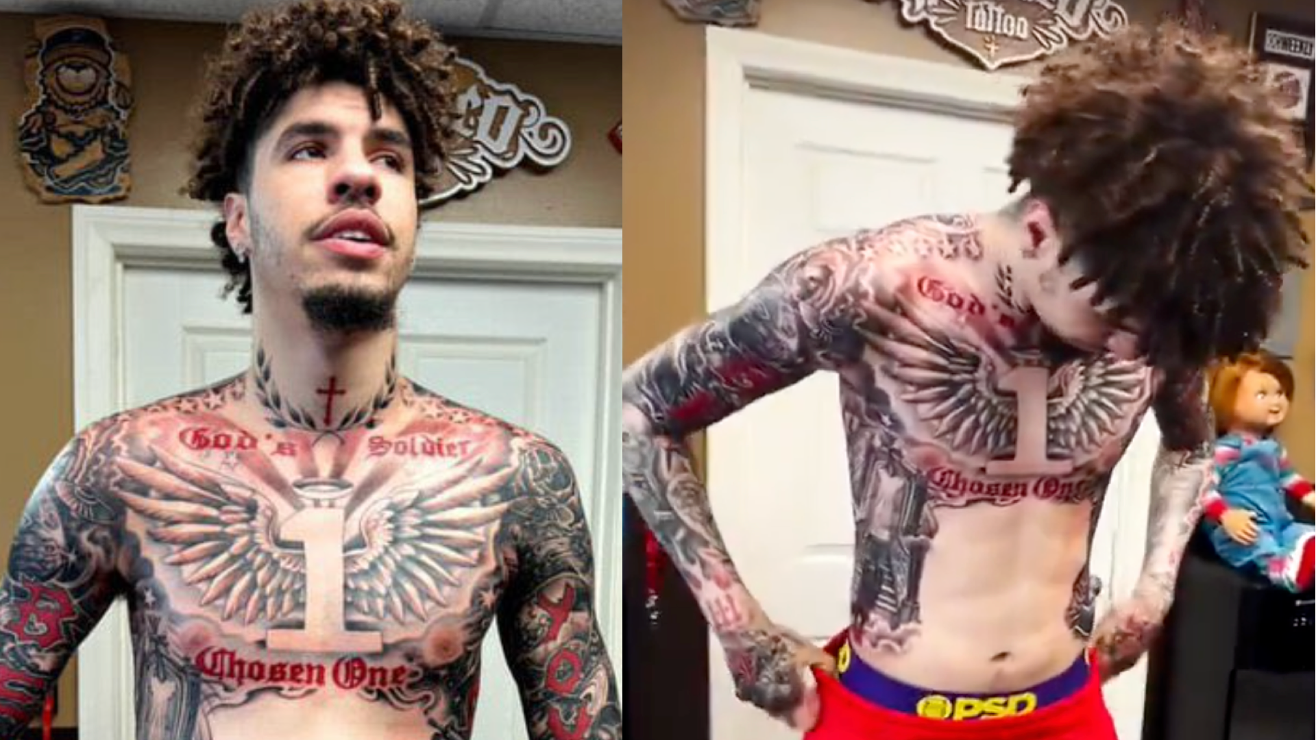 LaMelo Ball tattoos: winged number one chest tattoo