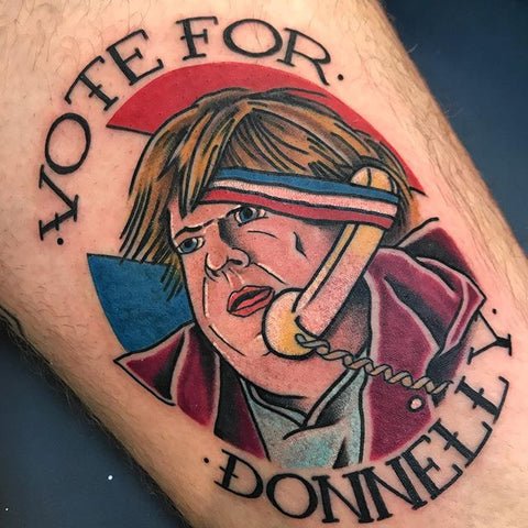 Colourful Chris Farley Vote for Donnelly fan tattoo