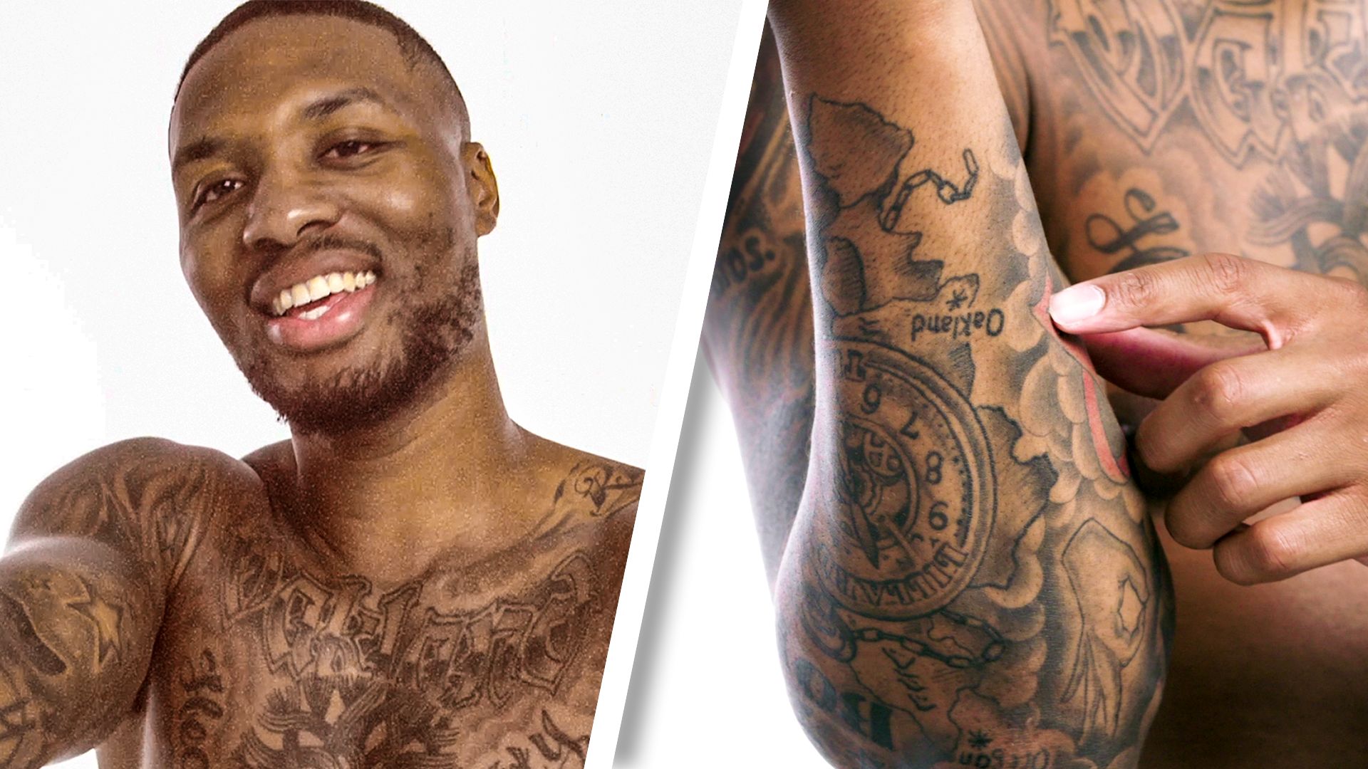 Damian Lillard tattoo tour showing chest and arms