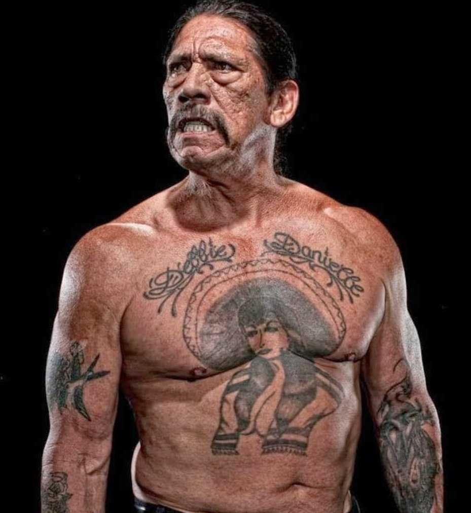 Danny Trejo sombrero woman chest tattoo