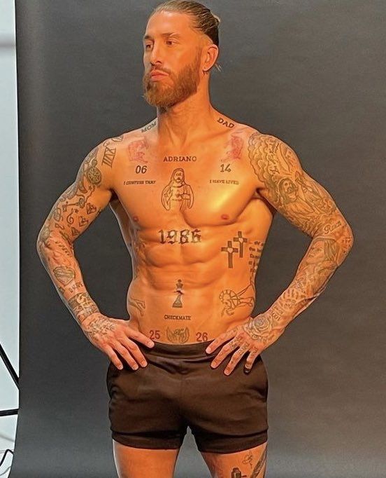 Sergio Ramos family lettering chest and body tattoos