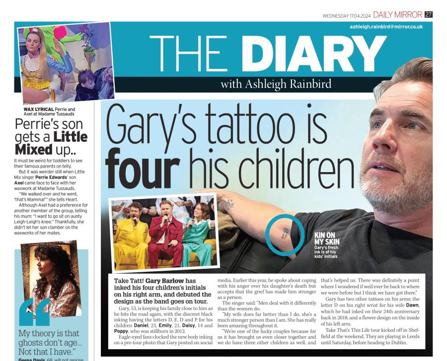 Gary Barlow family tribute tattoo and arm ink