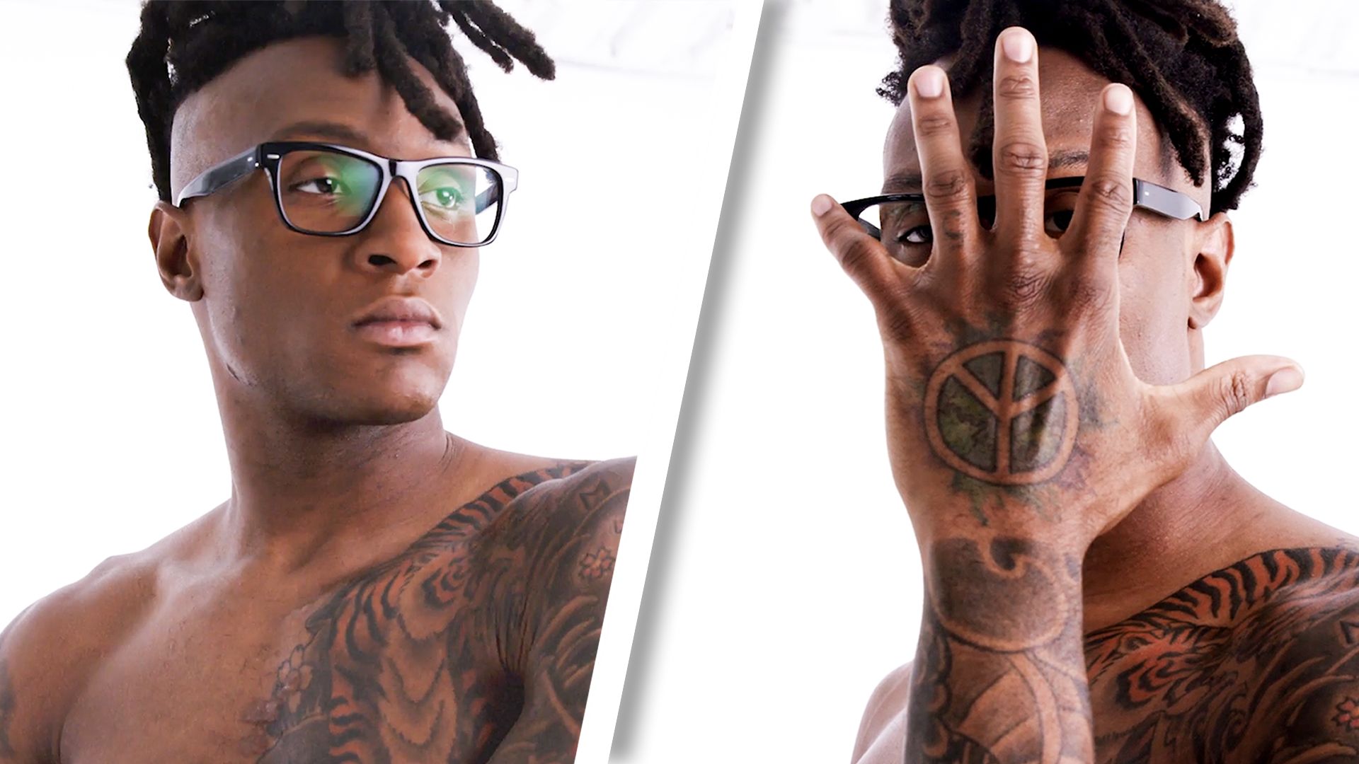 DeAndre Hopkins tattoos: Distinct GQ frame showing Hopkins’s hand peace sign and shoulder work