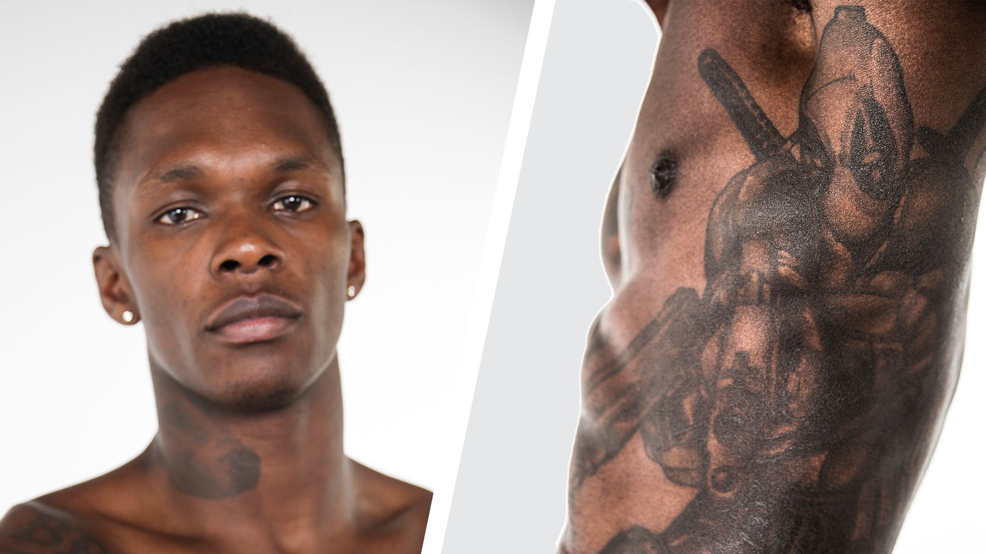 Israel Adesanya tattoos: GQ Tattoo Tour frame showing the side and rib Deadpool tattoo