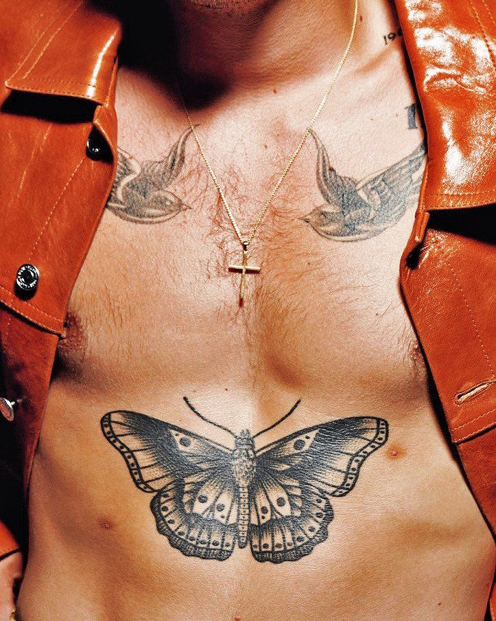 Harry Styles’s butterfly and swallow chest tattoos