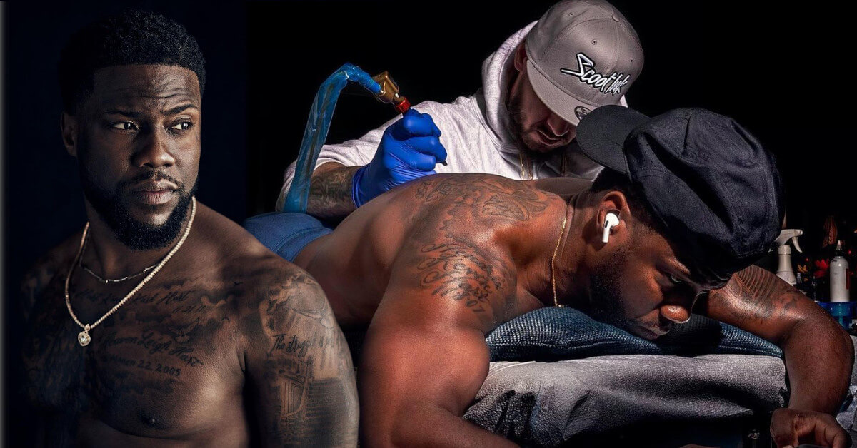 Kevin Hart tattoos: large tattoo gallery image showing Hart shirtless with chest and arm work visible