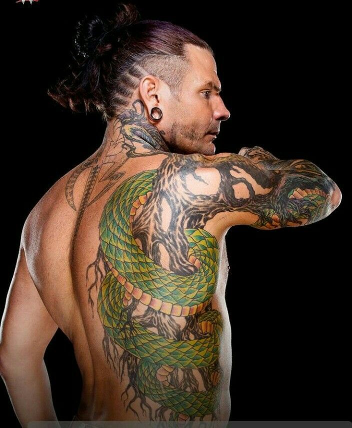 Jeff Hardy snake and roots back profile tattoo
