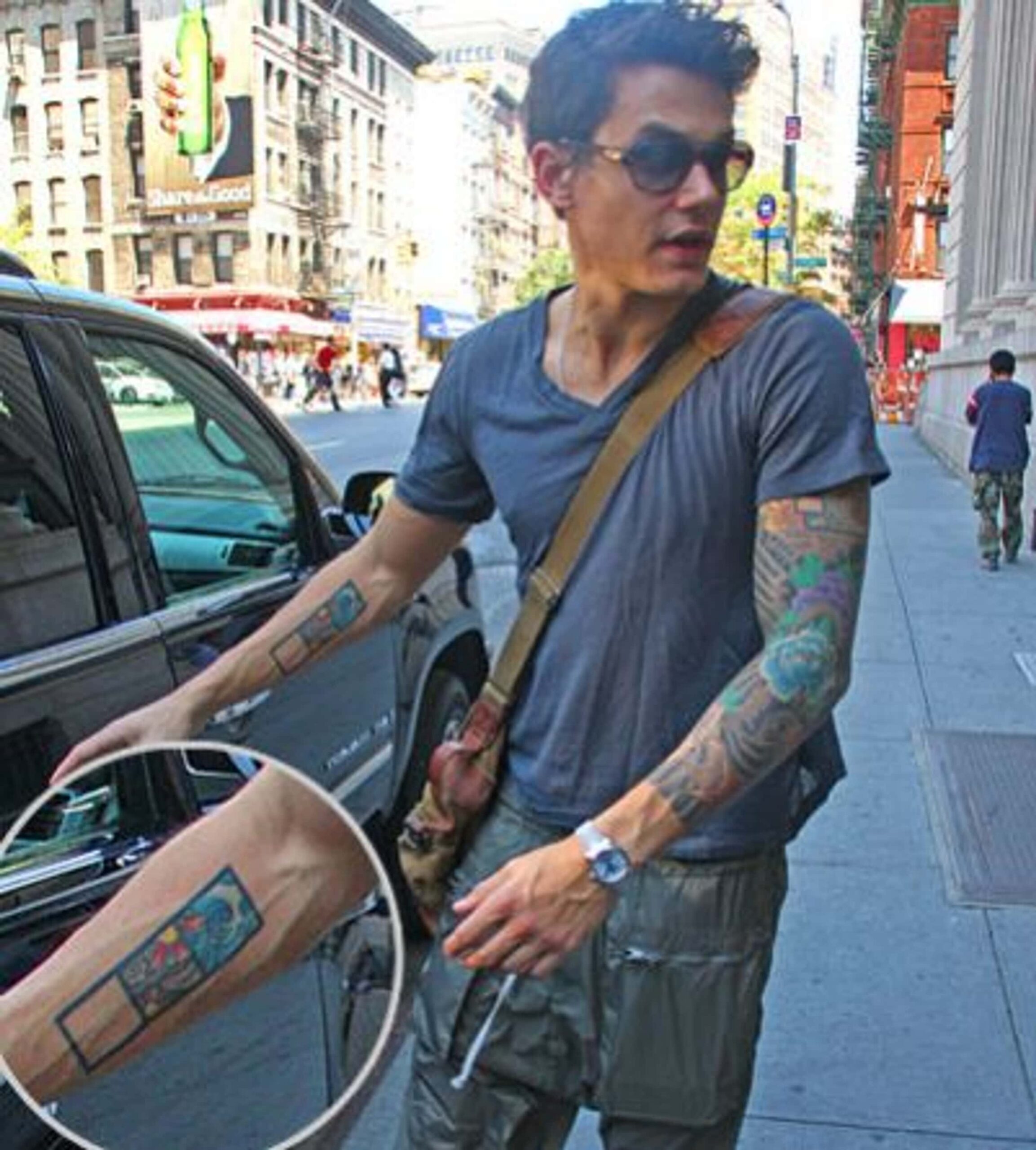 John Mayer’s original three-square tattoo on his forearm, shown in a close-up inset