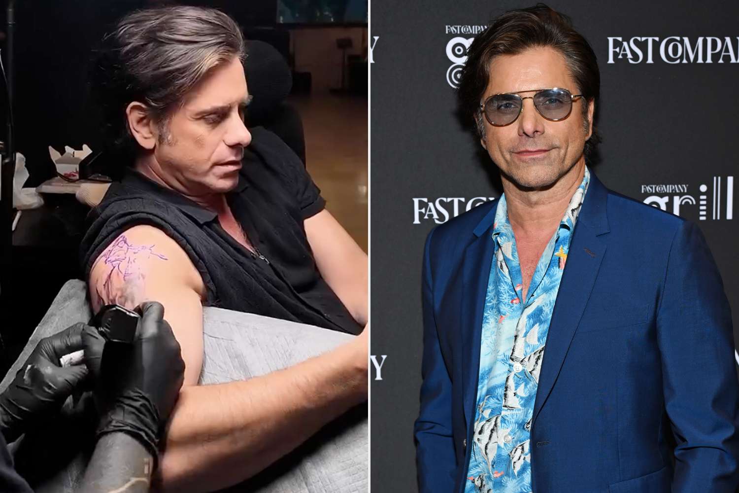 John Stamos getting his first Native American horseback tattoo on his upper arm