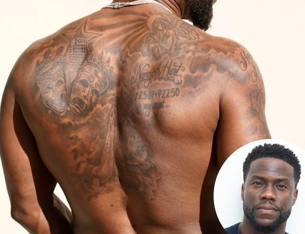 Kevin Hart tattoos: large back photograph showing the comedy and tragedy masks across his shoulders