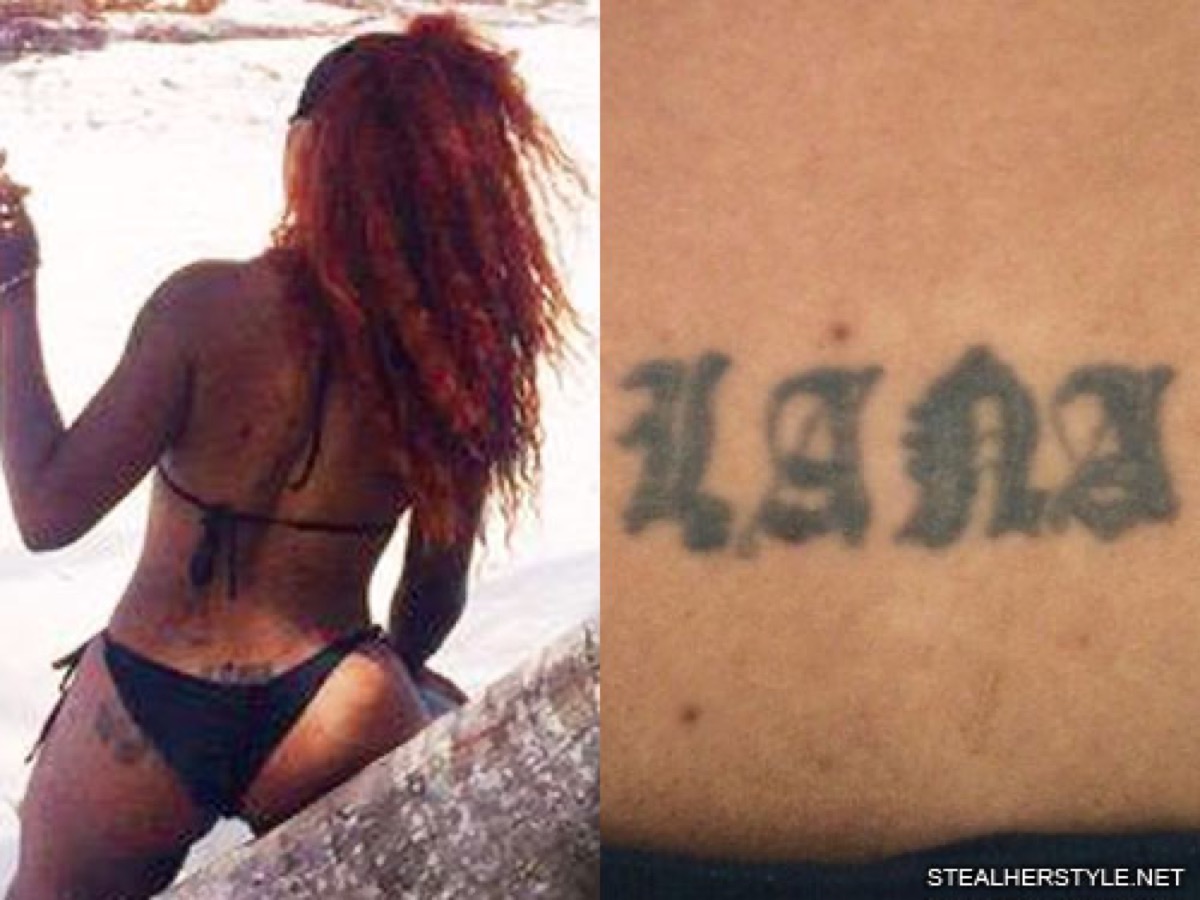 SZA tattoos: clear close-up of SZA’s LANA lower-back lettering