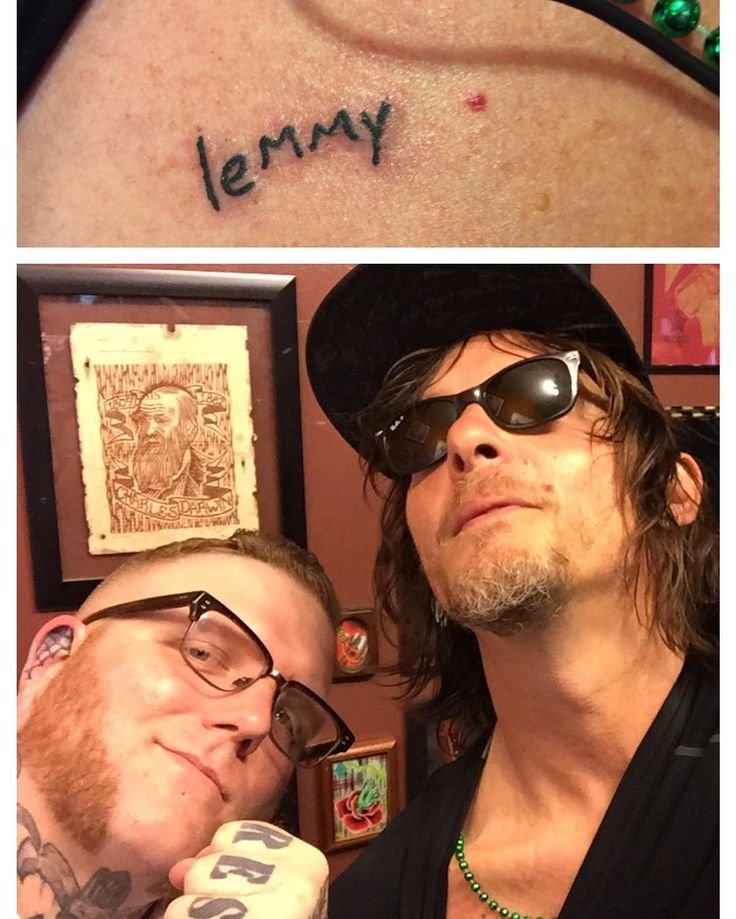 Norman Reedus showing the small Lemmy tribute tattoo