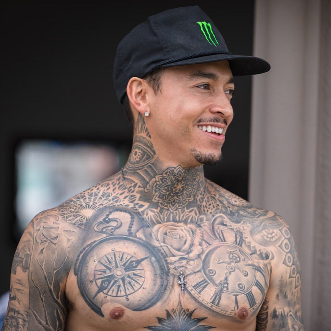 Nyjah Huston chest and neck tattoos