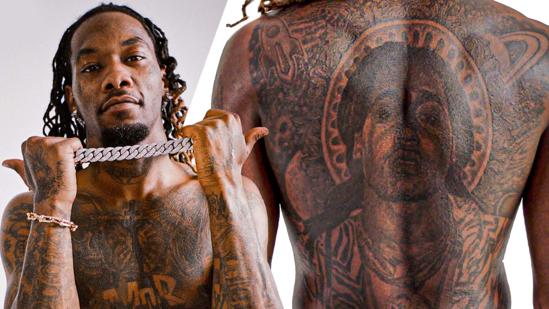 Offset showing his tattooed arms, hands and torso during a tattoo tour.
