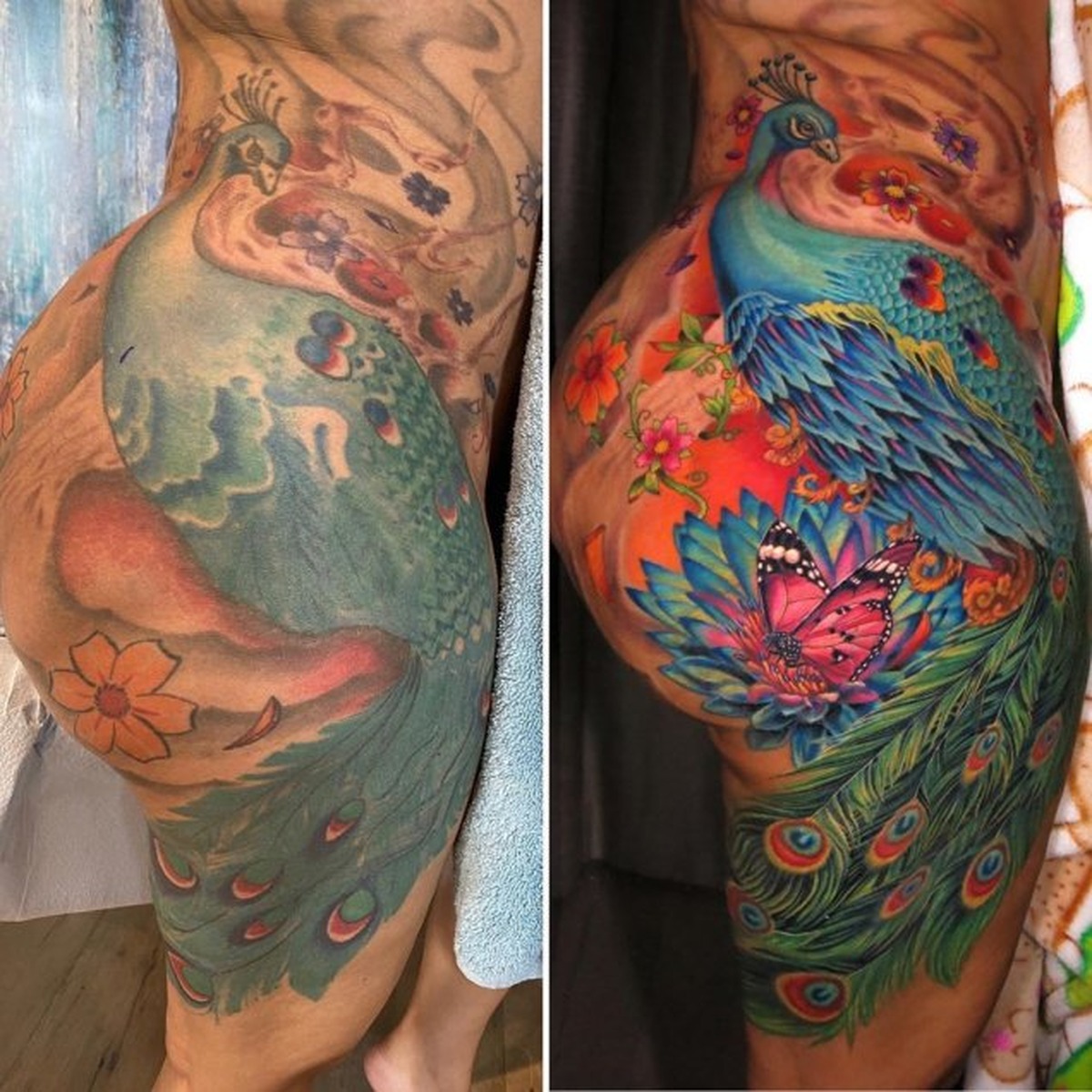 Cardi B tattoos: Cardi B peacock thigh tattoo