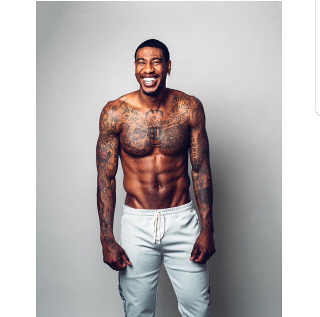 Iman Shumpert tattoos: shirtless chest and shoulder tattoos in the first studio portrait