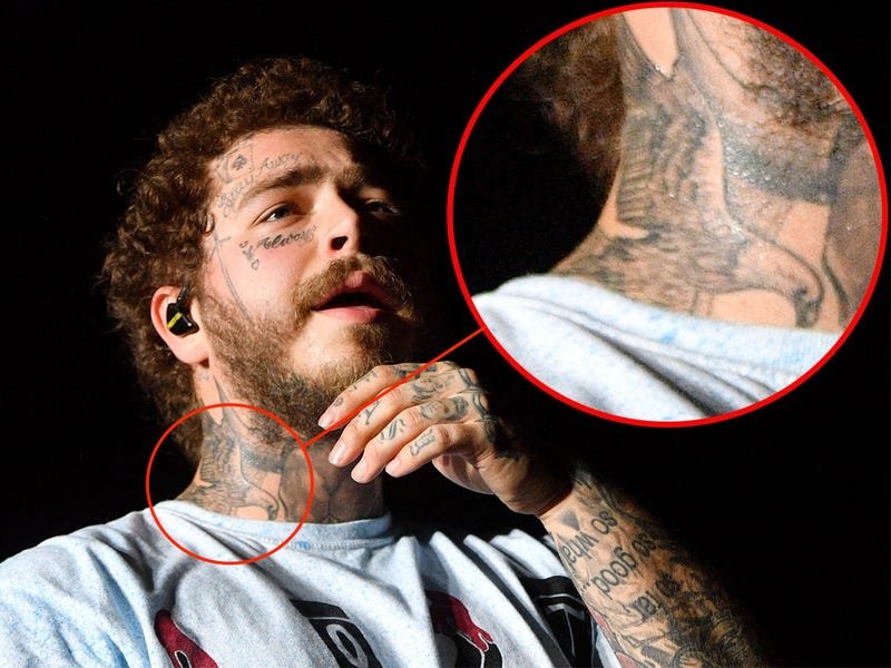 Post Malone cow skull and eagle neck tattoos
