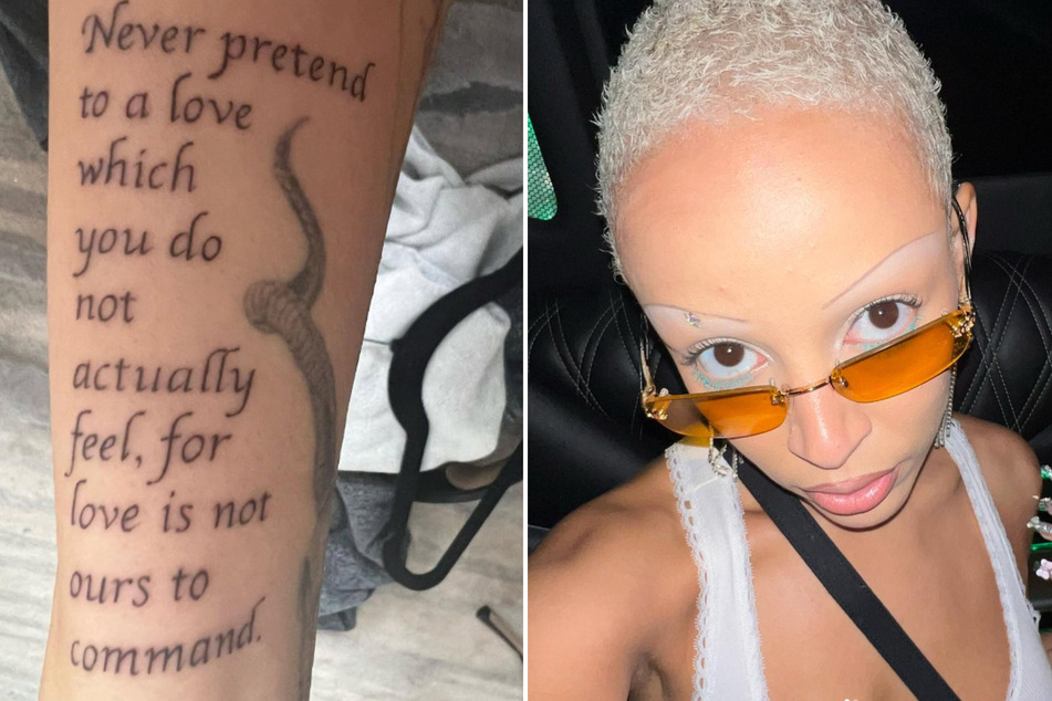 Doja Cat tattoos: clear close-up of Doja Cat’s Alan Watts quote tattoo