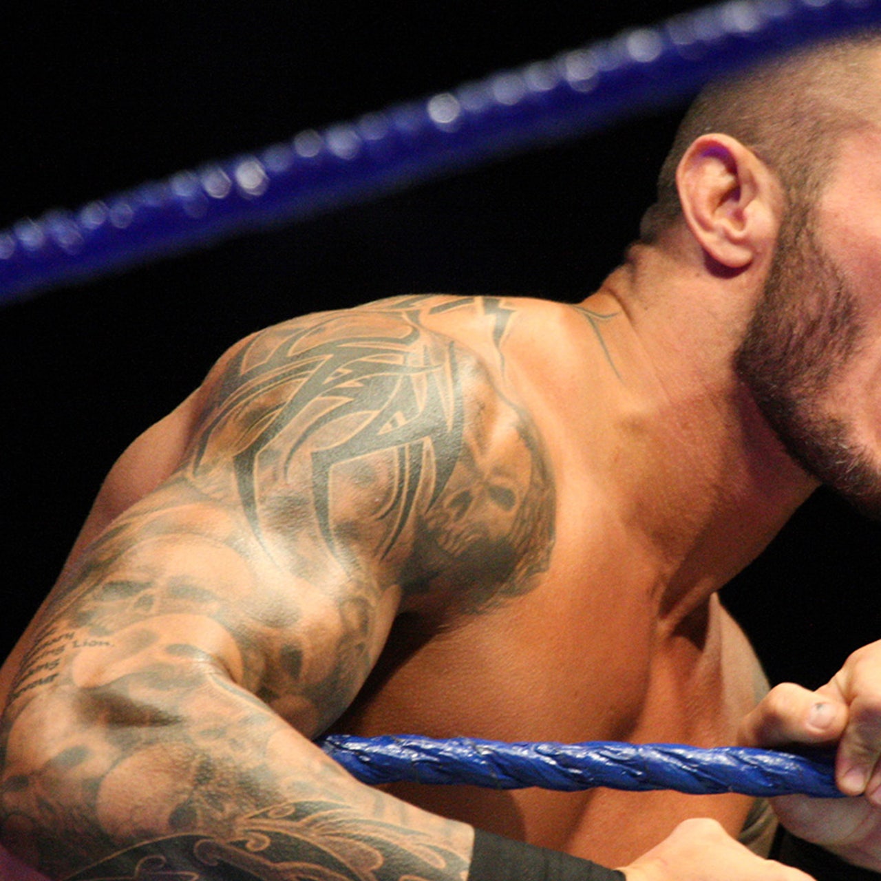 Randy Orton skull and script sleeve tattoos