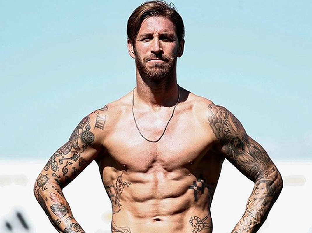 Sergio Ramos tattooed arms and chest in shirtless portrait