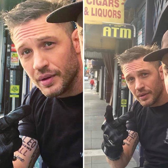 Tom Hardy showing the Leo Knows All right bicep tattoo