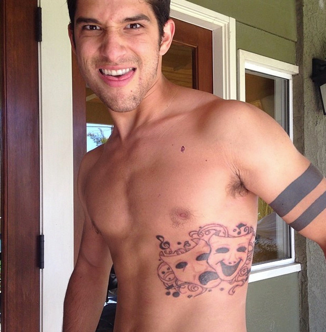 Tyler Posey comedy and tragedy masks tattoo
