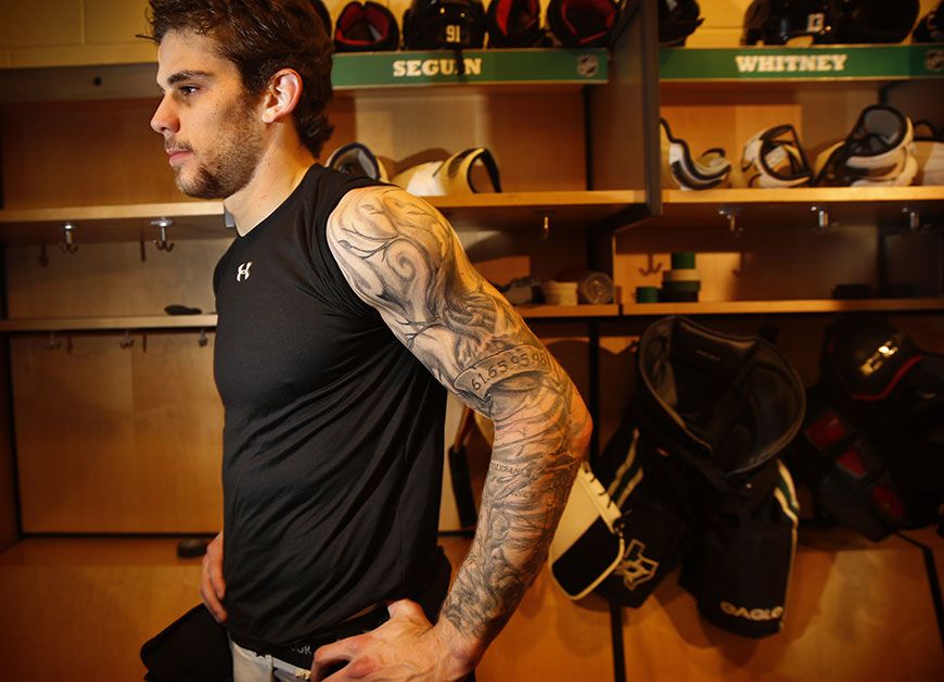 Tyler Seguin full sleeve tattoos in a locker room