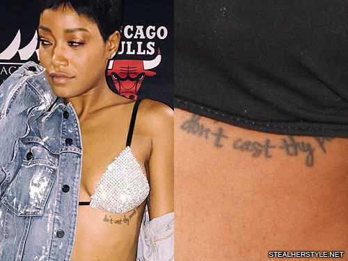 Keke Palmer tattoos: Don’t cast thy pearls before swine quote tattoo beneath Keke Palmer’s bust