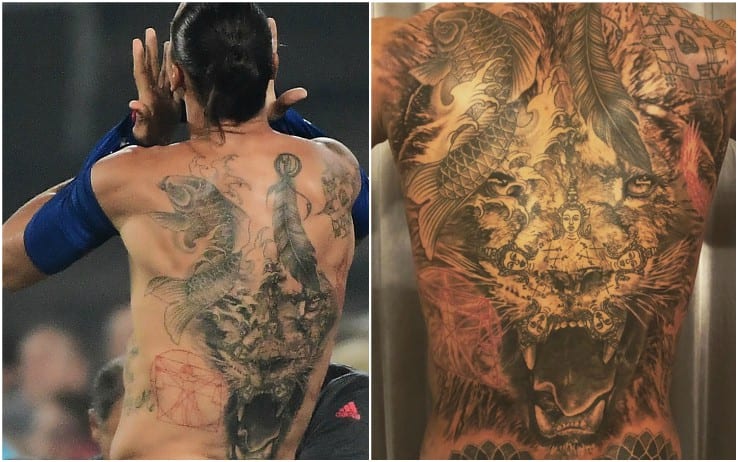 Zlatan Ibrahimovic showing the lion and surrounding back tattoo symbols